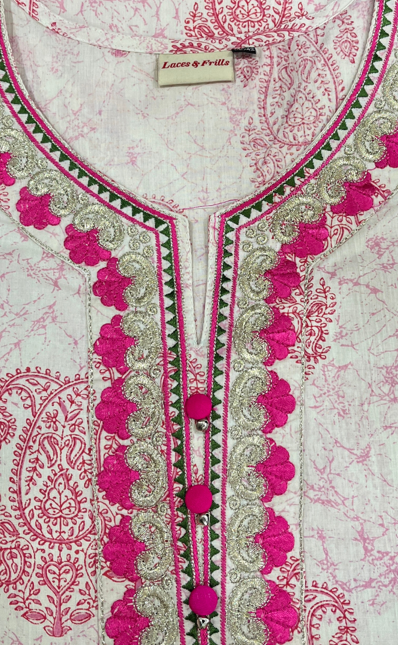 Pink Motif Jaipuri Cotton Kurti. Pure Versatile Cotton. | Laces and Frills