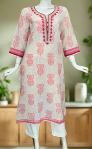Pink Motif Jaipuri Cotton Kurti. Pure Versatile Cotton. | Laces and Frills