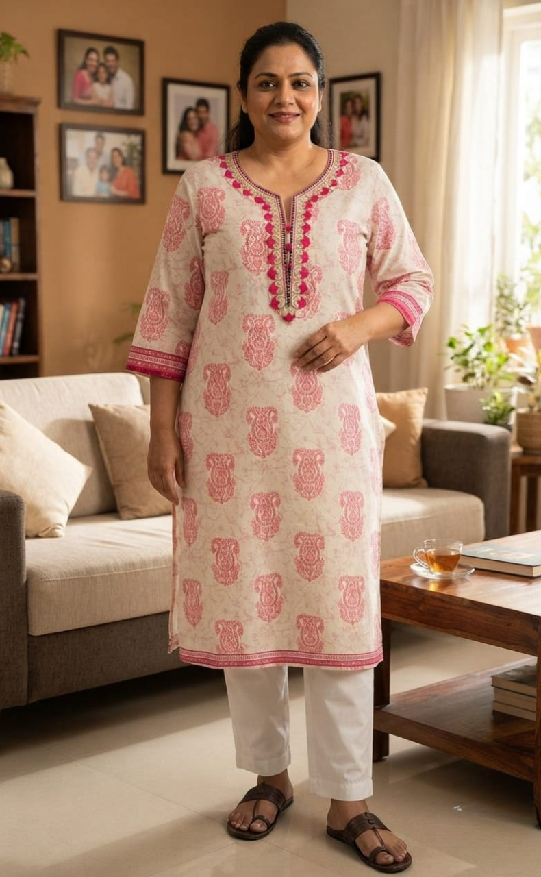 Pink Motif Jaipuri Cotton Kurti. Pure Versatile Cotton. | Laces and Frills
