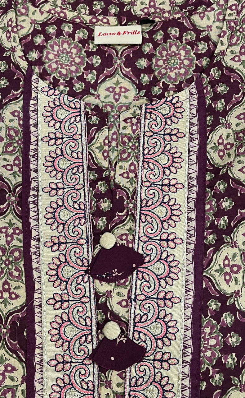 Dark Maroon Flora Jaipuri Cotton Kurti. Pure Versatile Cotton. | Laces and Frills