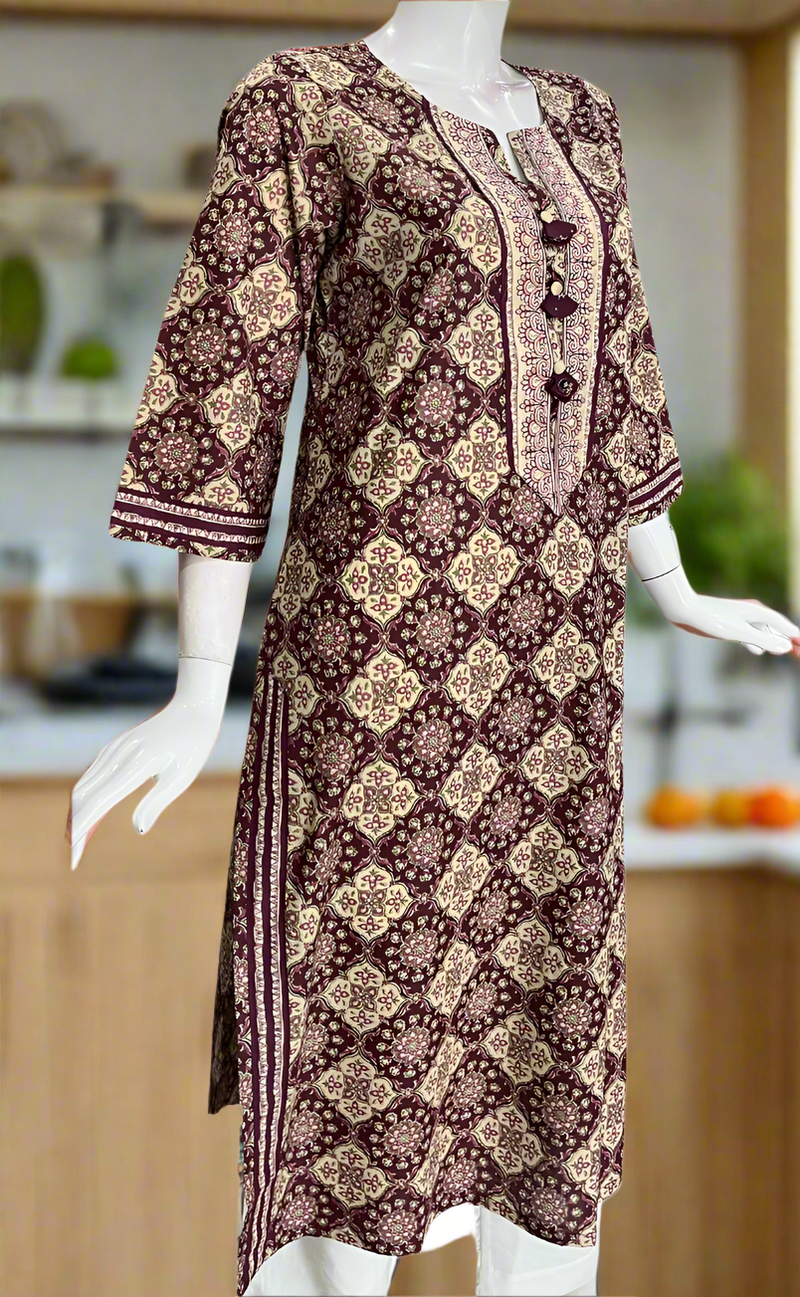 Dark Maroon Flora Jaipuri Cotton Kurti. Pure Versatile Cotton. | Laces and Frills