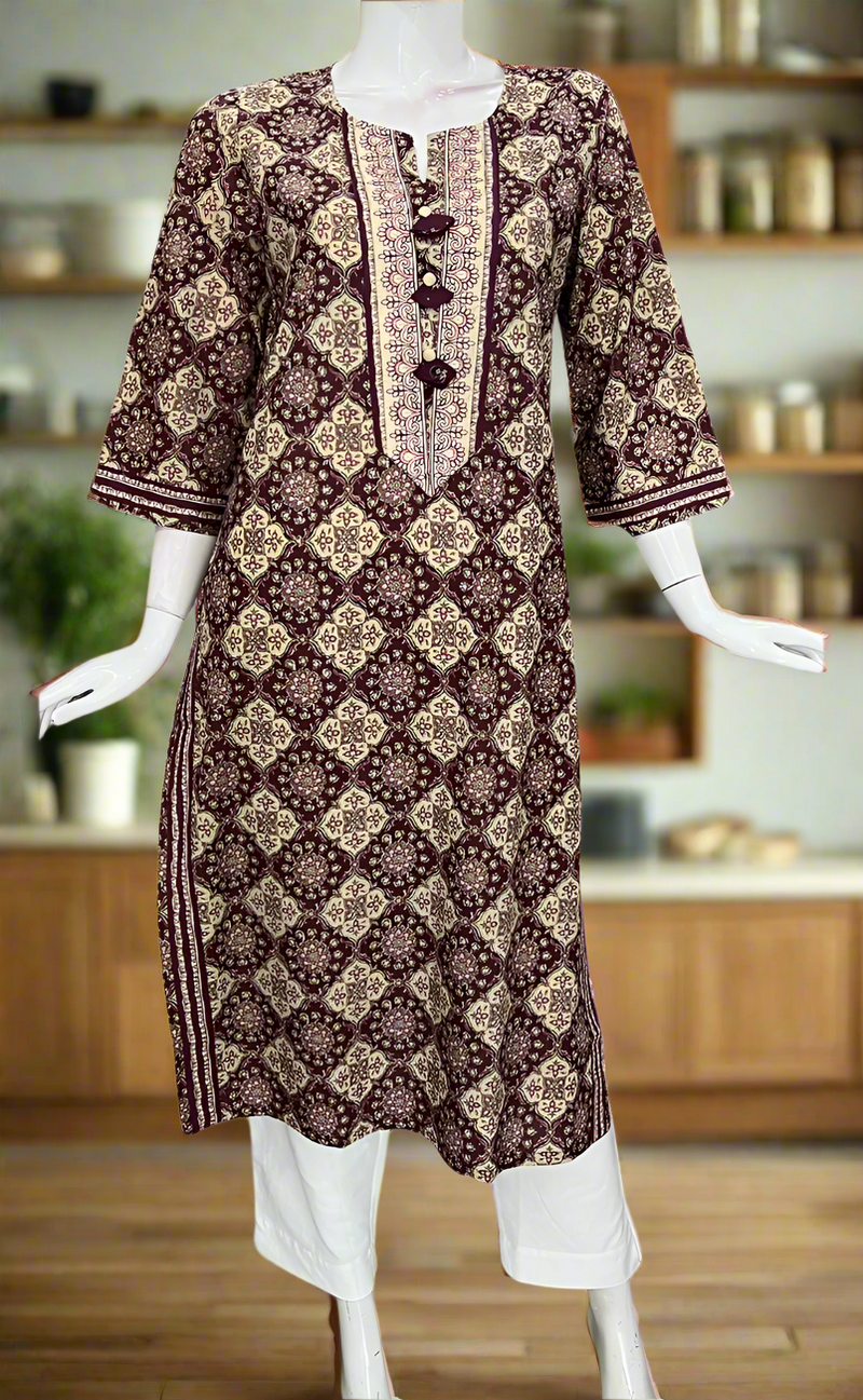 Dark Maroon Flora Jaipuri Cotton Kurti. Pure Versatile Cotton. | Laces and Frills
