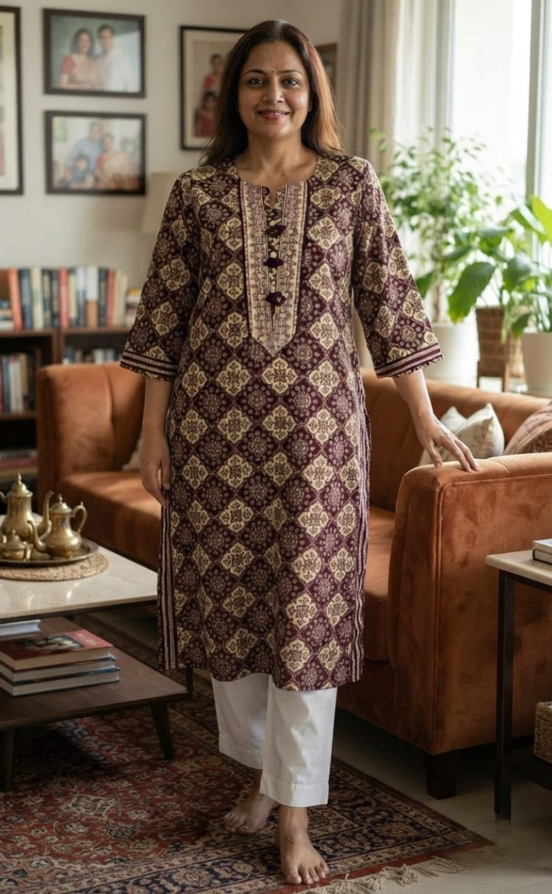 Dark Maroon Flora Jaipuri Cotton Kurti. Pure Versatile Cotton. | Laces and Frills