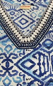 White/Blue Abstract Jaipuri Cotton Kurti. Pure Versatile Cotton. | Laces and Frills