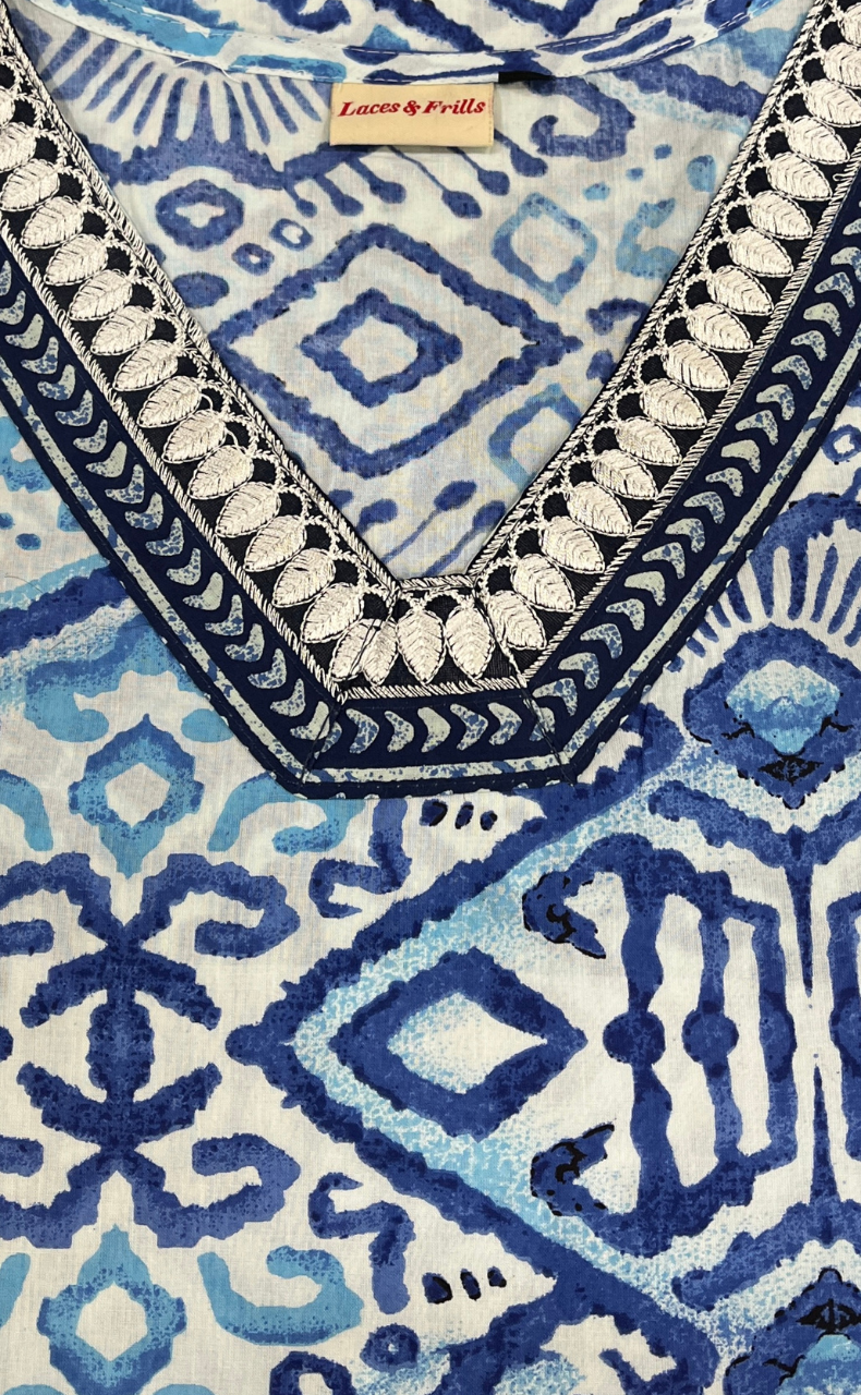 White/Blue Abstract Jaipuri Cotton Kurti. Pure Versatile Cotton. | Laces and Frills