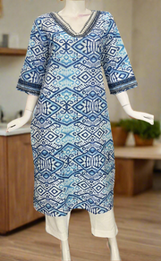 White/Blue Abstract Jaipuri Cotton Kurti. Pure Versatile Cotton. | Laces and Frills