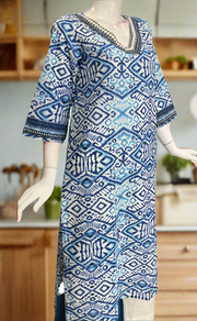 White/Blue Abstract Jaipuri Cotton Kurti. Pure Versatile Cotton. | Laces and Frills