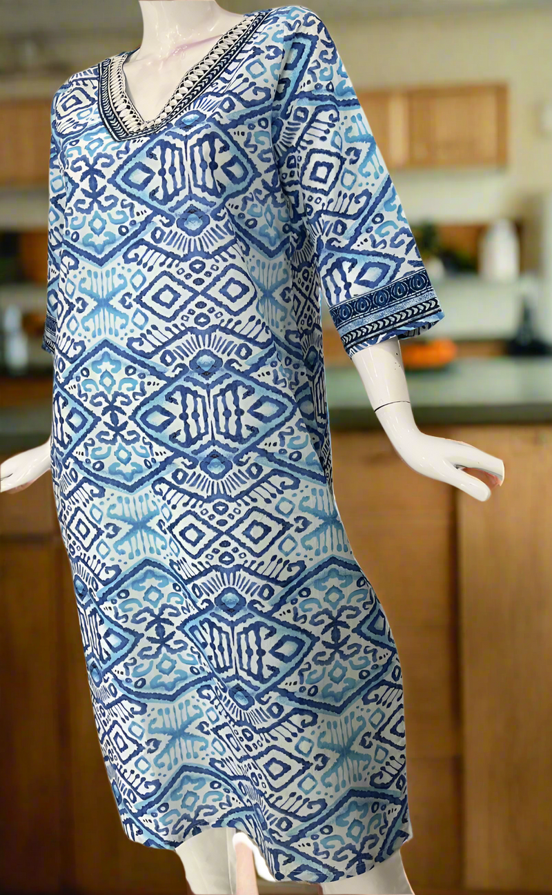 White/Blue Abstract Jaipuri Cotton Kurti. Pure Versatile Cotton. | Laces and Frills