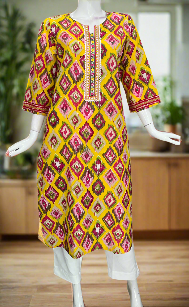 Yellow Abstract Jaipuri Cotton Kurti. Pure Versatile Cotton. | Laces and Frills