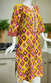 Yellow Abstract Jaipuri Cotton Kurti. Pure Versatile Cotton. | Laces and Frills