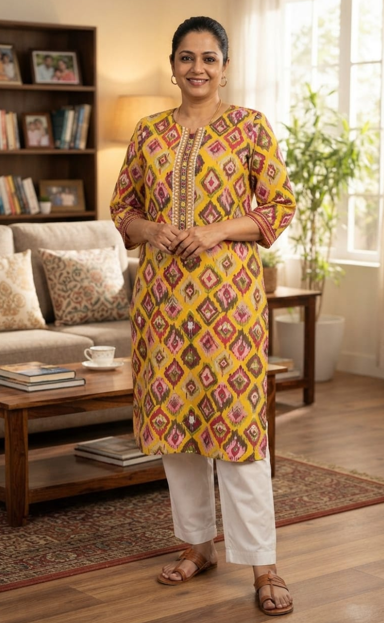 Yellow Abstract Jaipuri Cotton Kurti. Pure Versatile Cotton. | Laces and Frills