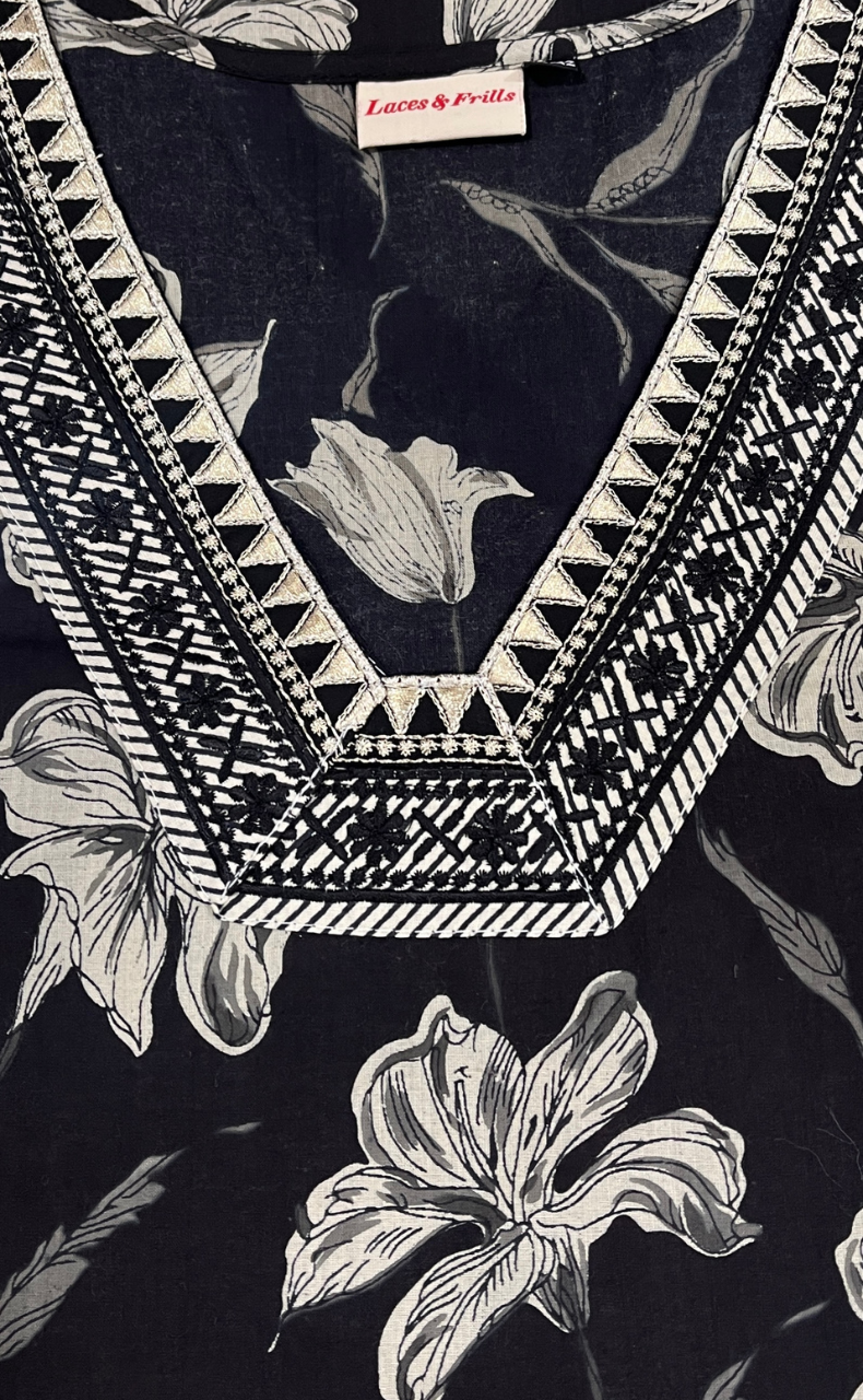 Black Flora Jaipuri Cotton Kurti. Pure Versatile Cotton. | Laces and Frills