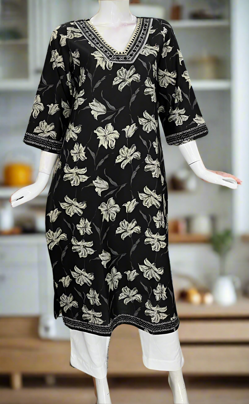 Black Flora Jaipuri Cotton Kurti. Pure Versatile Cotton. | Laces and Frills