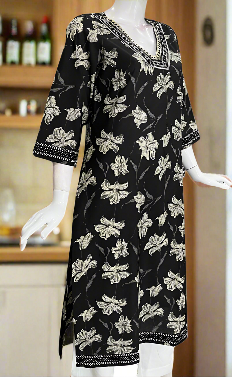 Black Flora Jaipuri Cotton Kurti. Pure Versatile Cotton. | Laces and Frills