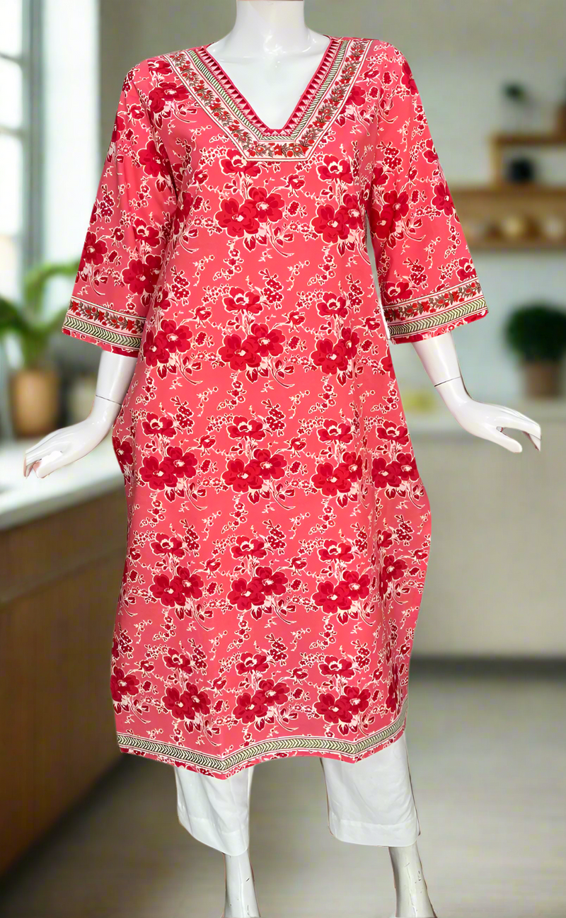 Pink Floral Jaipuri Cotton Kurti. Pure Versatile Cotton. | Laces and Frills