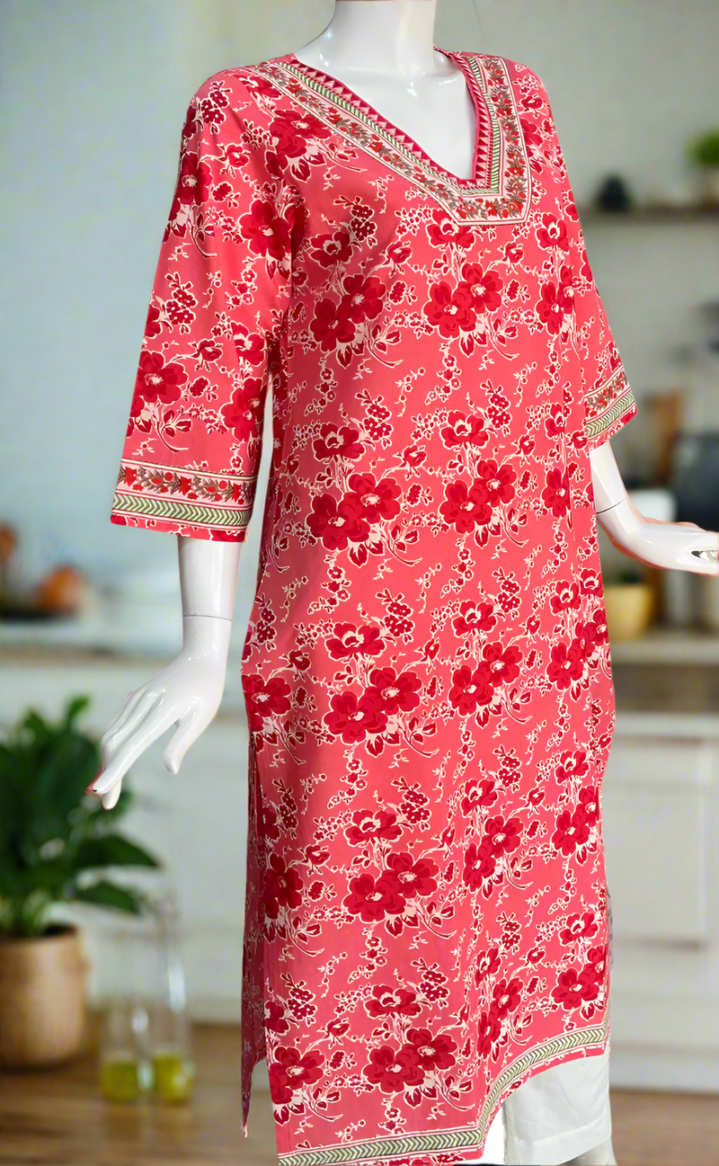 Pink Floral Jaipuri Cotton Kurti. Pure Versatile Cotton. | Laces and Frills