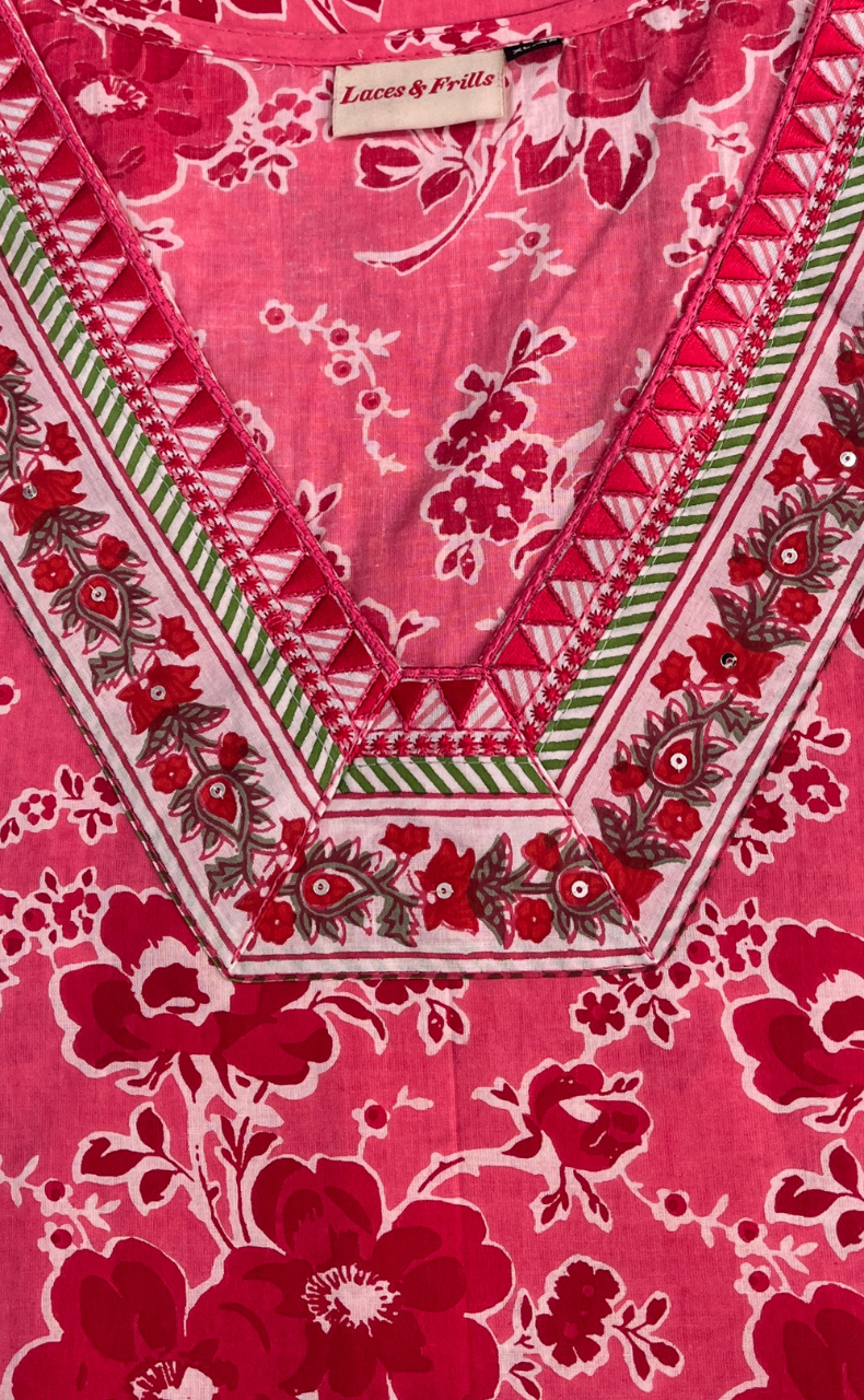 Pink Floral Jaipuri Cotton Kurti. Pure Versatile Cotton. | Laces and Frills