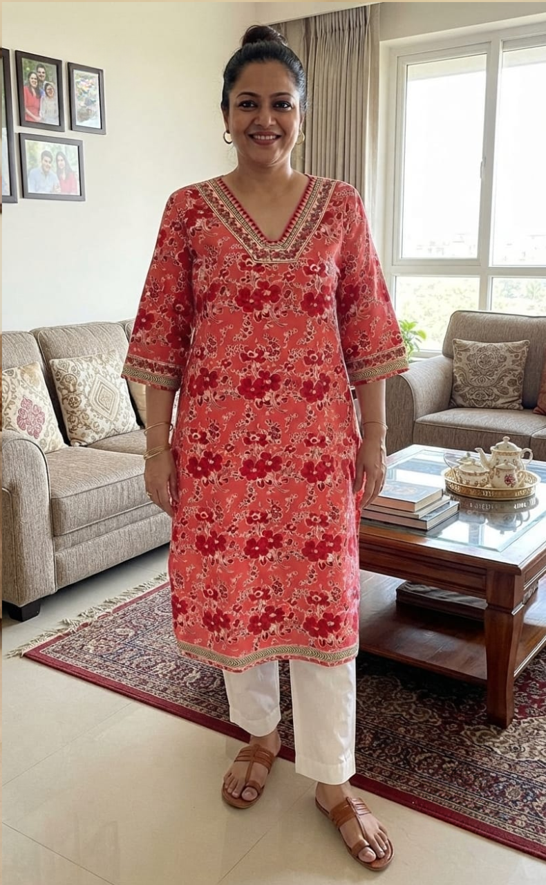 Pink Floral Jaipuri Cotton Kurti. Pure Versatile Cotton. | Laces and Frills