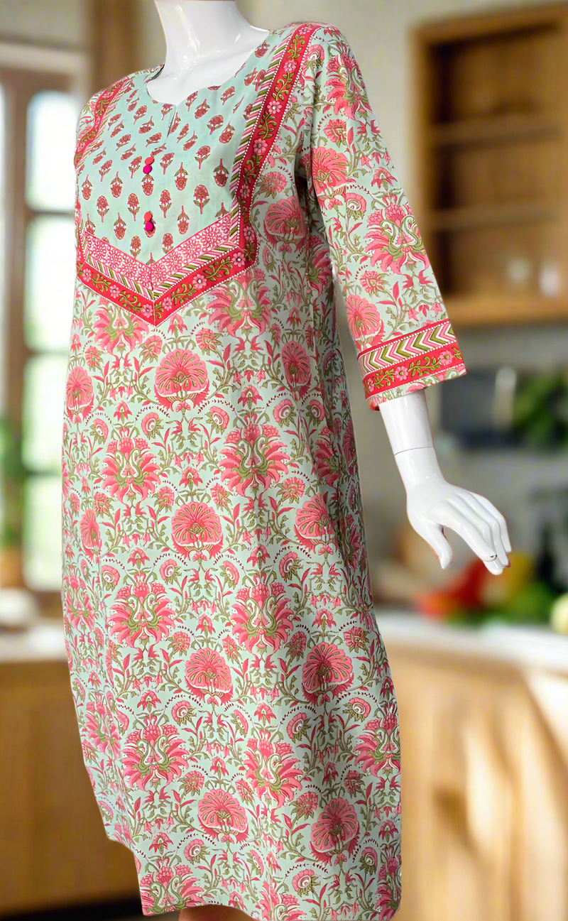 Sea Green Garden Jaipuri Cotton Kurti. Pure Versatile Cotton. | Laces and Frills