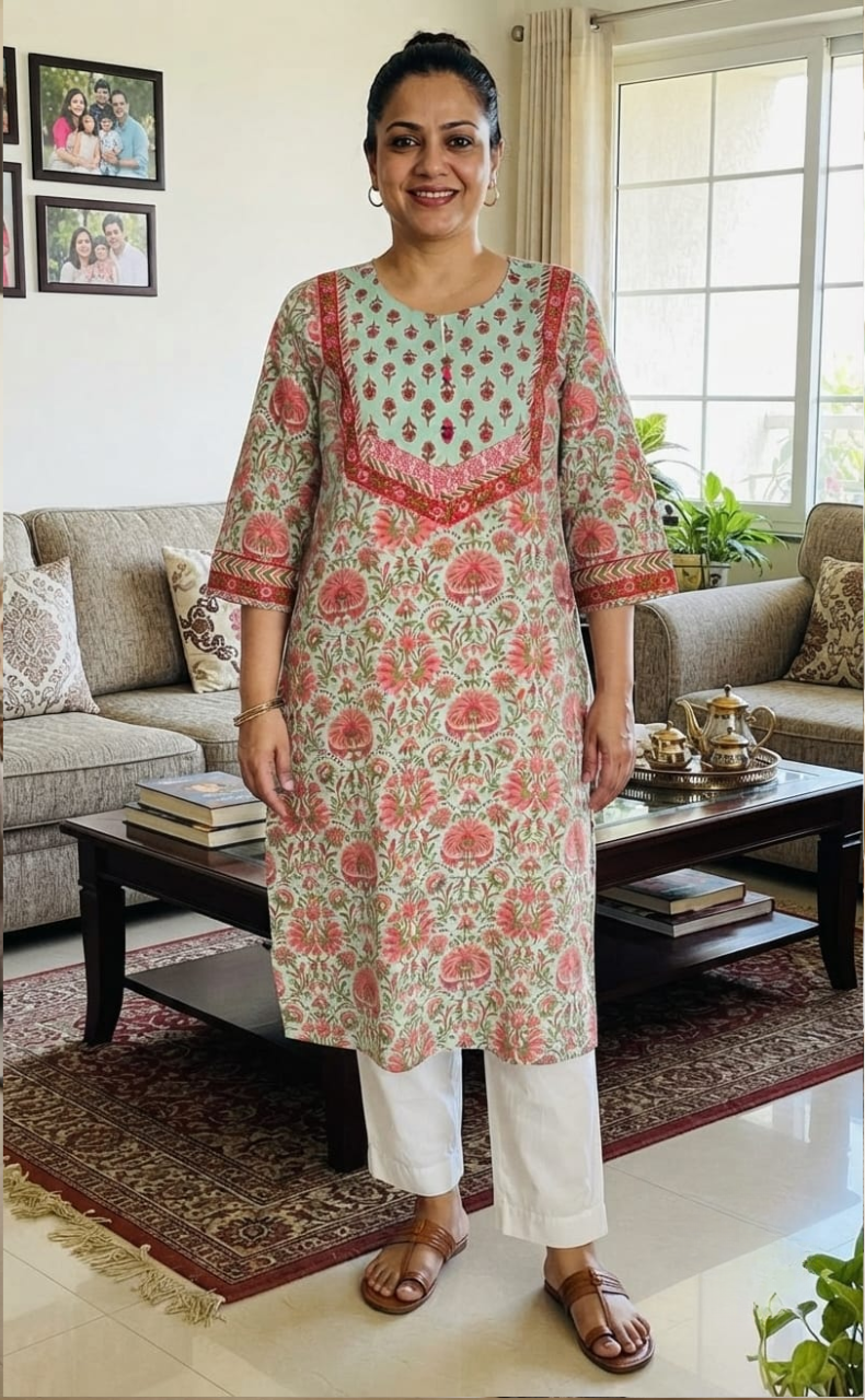 Sea Green Garden Jaipuri Cotton Kurti. Pure Versatile Cotton. | Laces and Frills