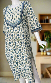 Off White/Blue Floral Jaipuri Cotton Kurti. Pure Versatile Cotton. | Laces and Frills