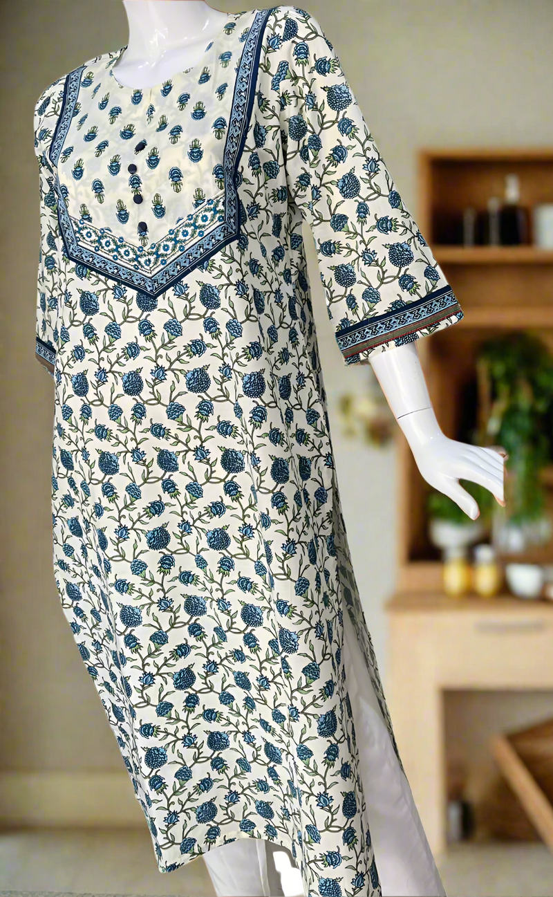 Off White/Blue Floral Jaipuri Cotton Kurti. Pure Versatile Cotton. | Laces and Frills