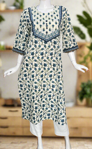 Off White/Blue Floral Jaipuri Cotton Kurti. Pure Versatile Cotton. | Laces and Frills