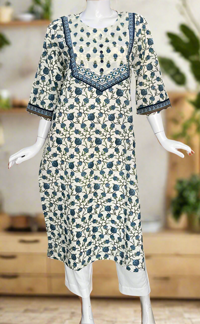 Off White/Blue Floral Jaipuri Cotton Kurti. Pure Versatile Cotton. | Laces and Frills