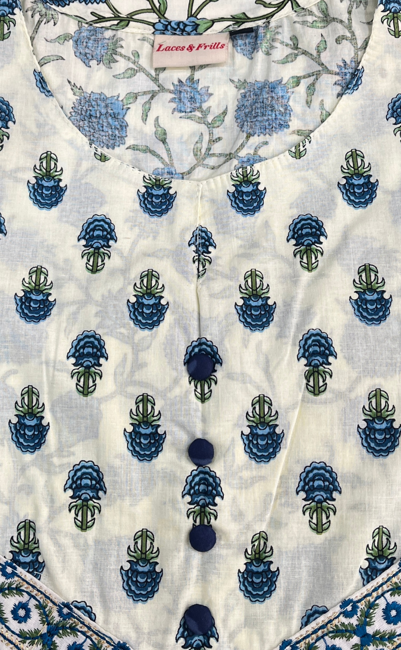 Off White/Blue Floral Jaipuri Cotton Kurti. Pure Versatile Cotton. | Laces and Frills