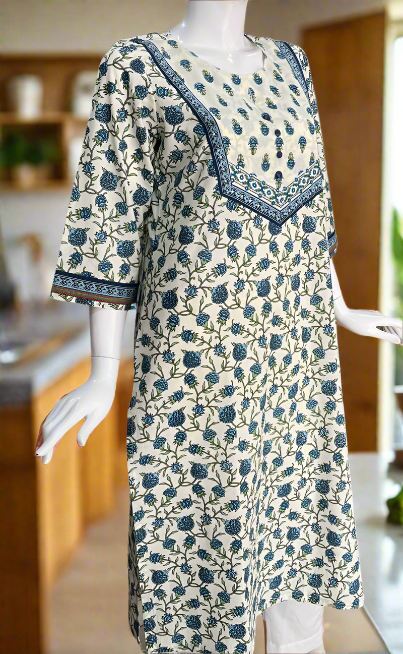 Off White/Blue Floral Jaipuri Cotton Kurti. Pure Versatile Cotton. | Laces and Frills