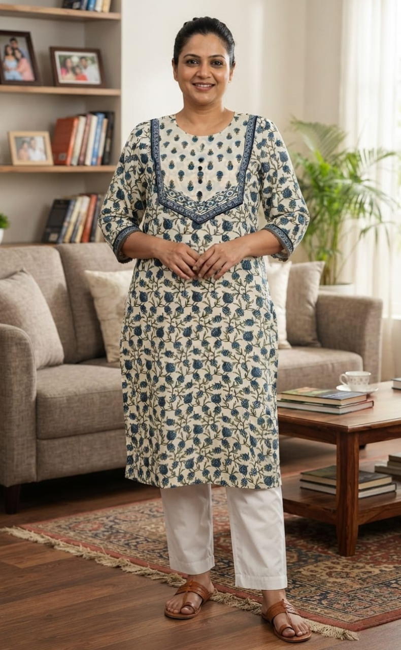 Blue Floral Jaipuri Cotton Kurti. Pure Versatile Cotton. | Laces and Frills