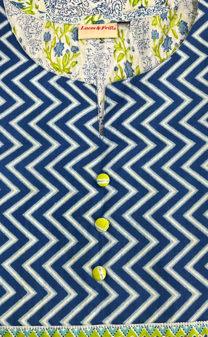 White/Blue Garden Jaipuri Cotton Kurti. Pure Versatile Cotton. | Laces and Frills