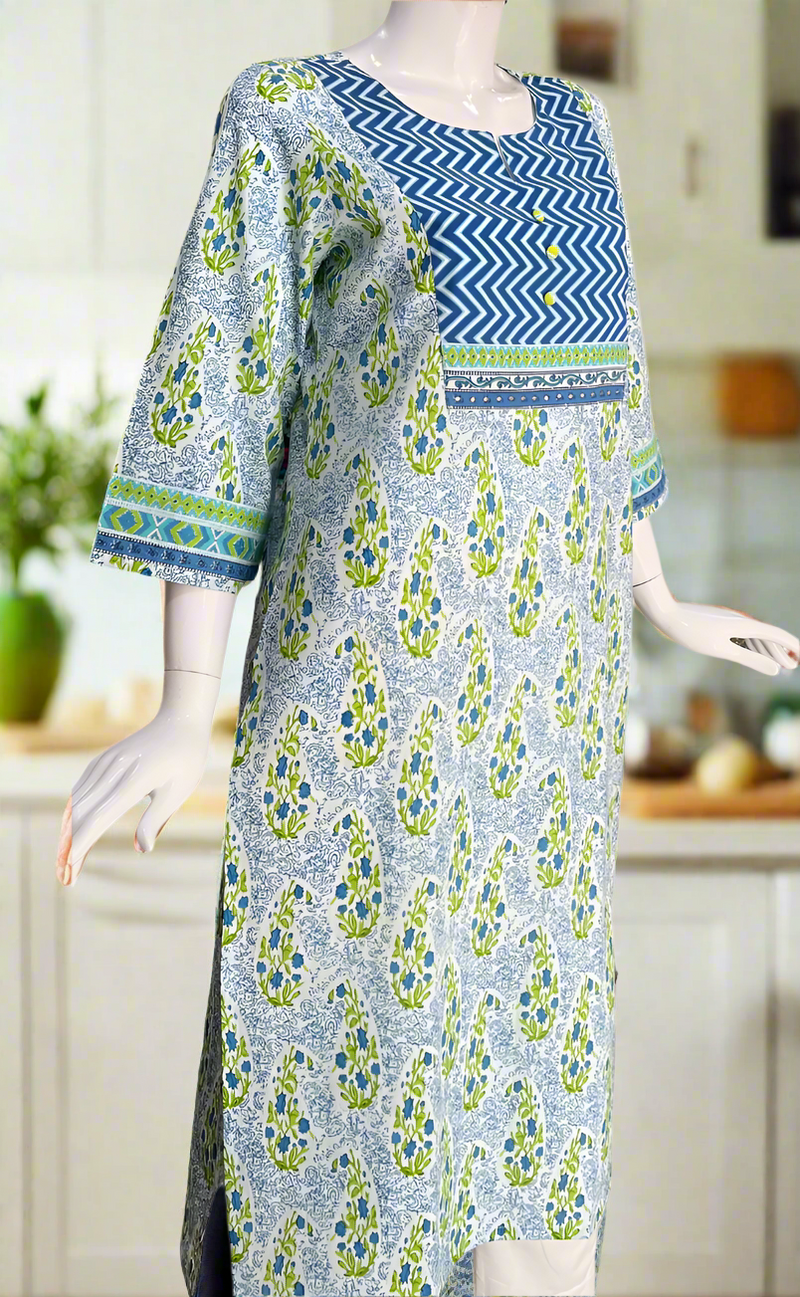 White/Blue Garden Jaipuri Cotton Kurti. Pure Versatile Cotton. | Laces and Frills