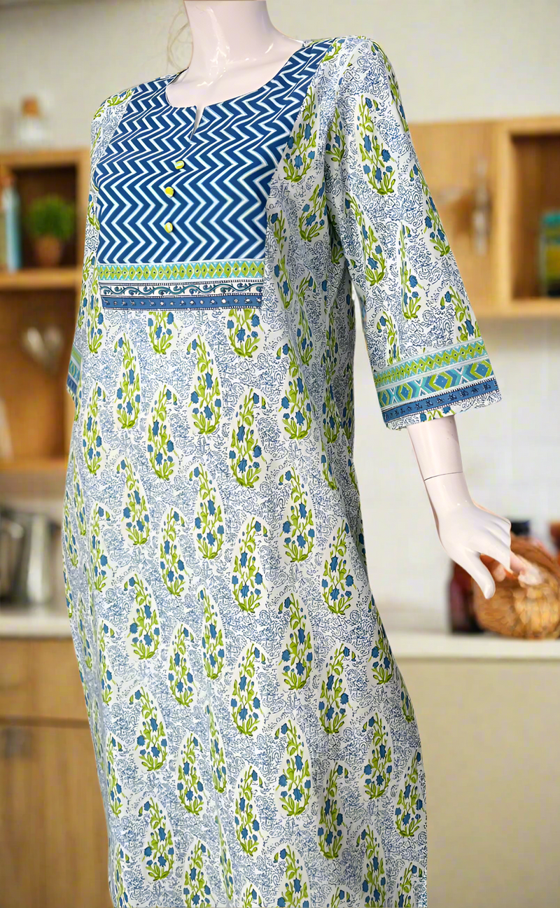 White/Blue Garden Jaipuri Cotton Kurti. Pure Versatile Cotton. | Laces and Frills