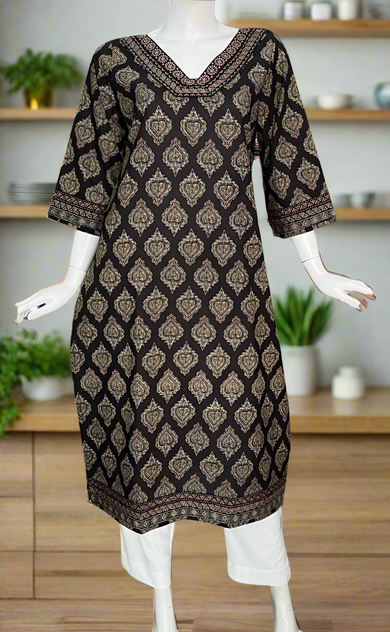 Black Ajrakh Print Jaipuri Cotton Kurti. Pure Versatile Cotton. | Laces and Frills