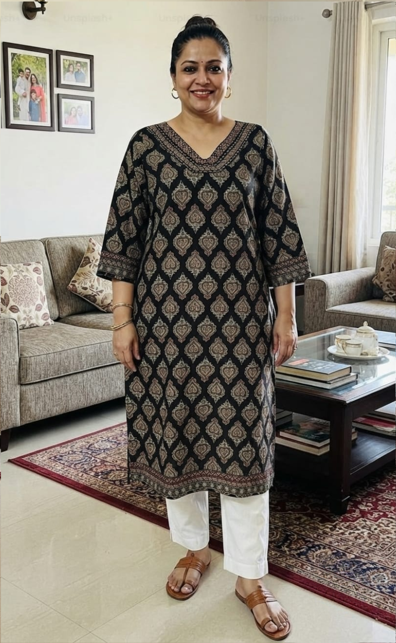 Black Ajrakh Print Jaipuri Cotton Kurti. Pure Versatile Cotton. | Laces and Frills
