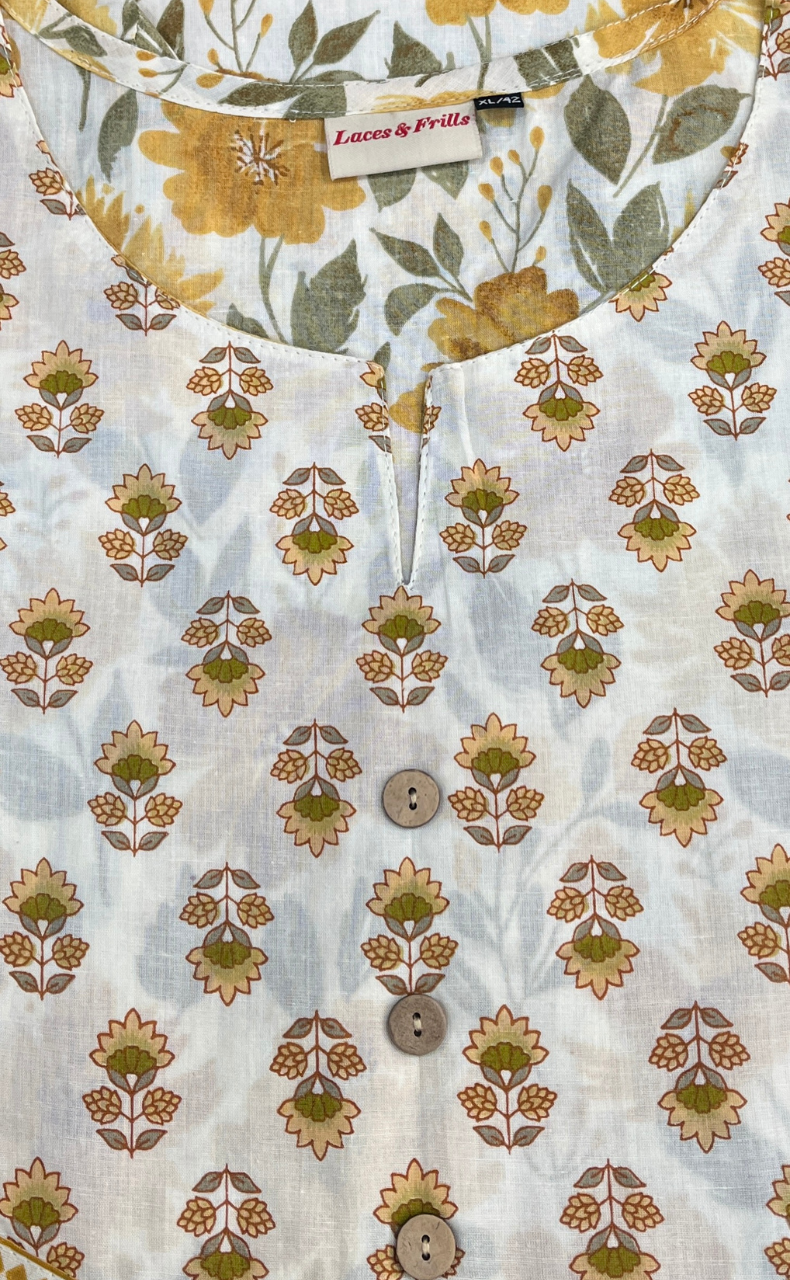 Off White/Yellow Floral Jaipuri Cotton Kurti. Pure Versatile Cotton. | Laces and Frills