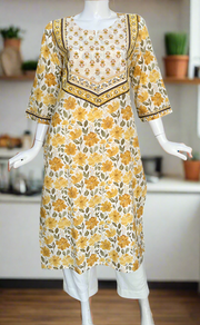 Off White/Yellow Floral Jaipuri Cotton Kurti. Pure Versatile Cotton. | Laces and Frills