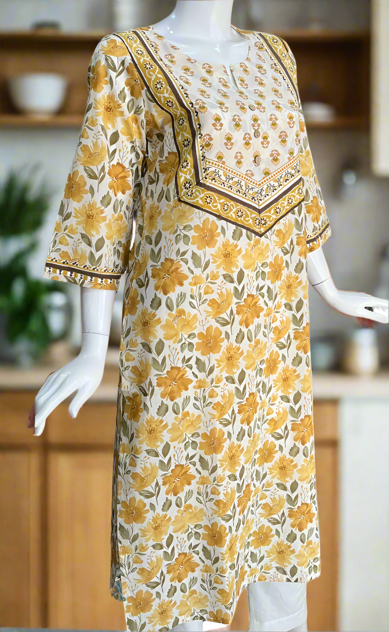 Off White/Yellow Floral Jaipuri Cotton Kurti. Pure Versatile Cotton. | Laces and Frills