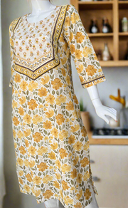 Off White/Yellow Floral Jaipuri Cotton Kurti. Pure Versatile Cotton. | Laces and Frills