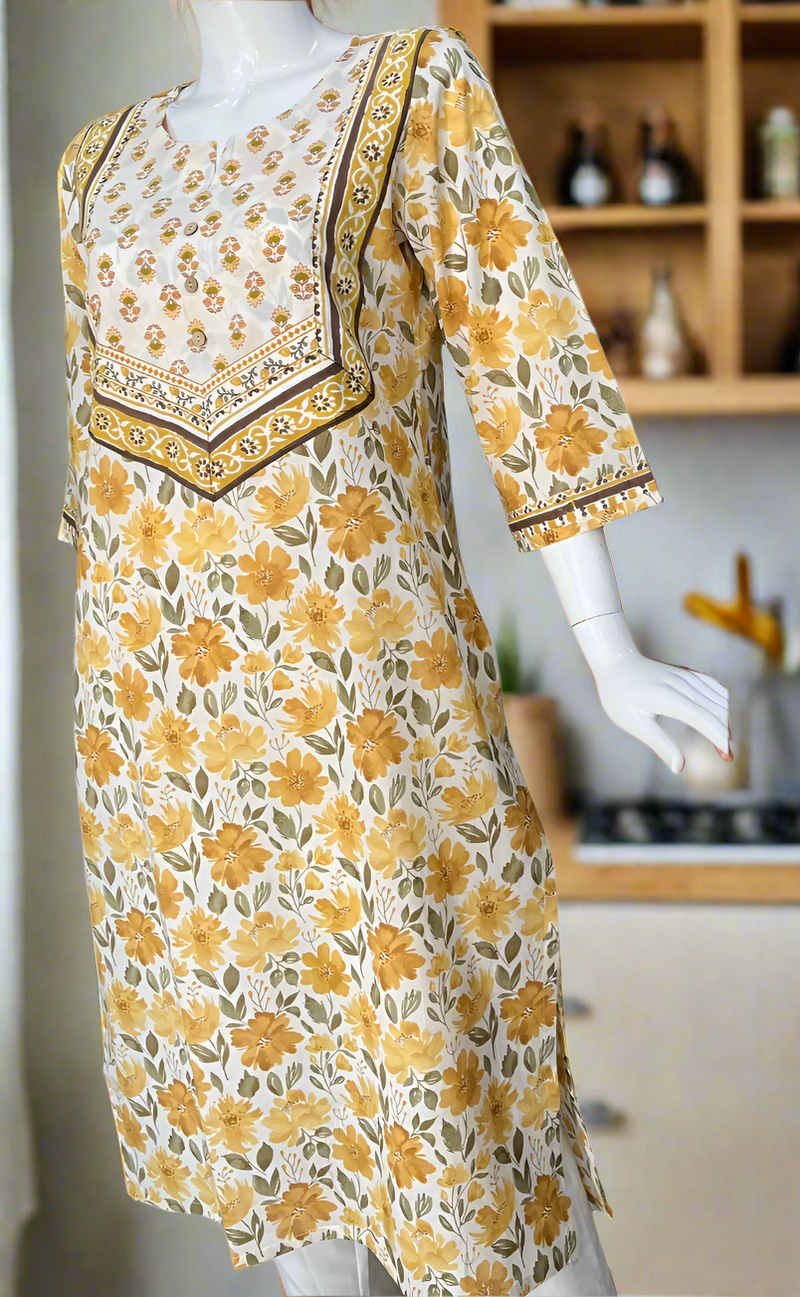 Off White/Yellow Floral Jaipuri Cotton Kurti. Pure Versatile Cotton. | Laces and Frills