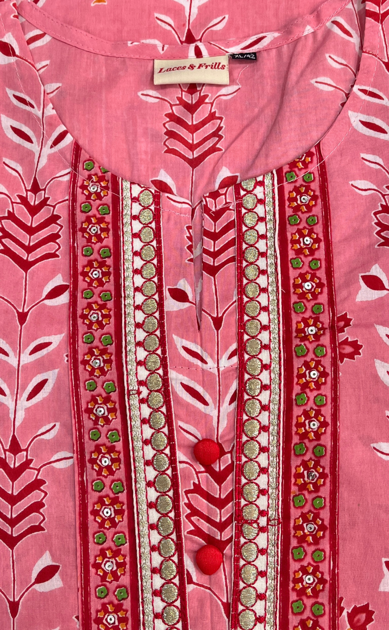 Pink Floral Jaipuri Cotton Kurti. Pure Versatile Cotton. | Laces and Frills