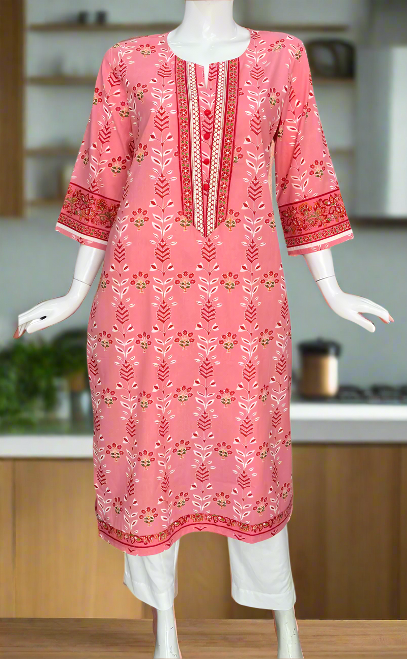Pink Floral Jaipuri Cotton Kurti. Pure Versatile Cotton. | Laces and Frills