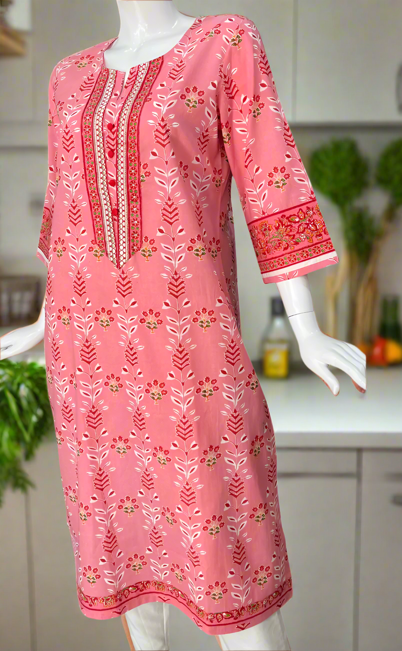 Pink Floral Jaipuri Cotton Kurti. Pure Versatile Cotton. | Laces and Frills