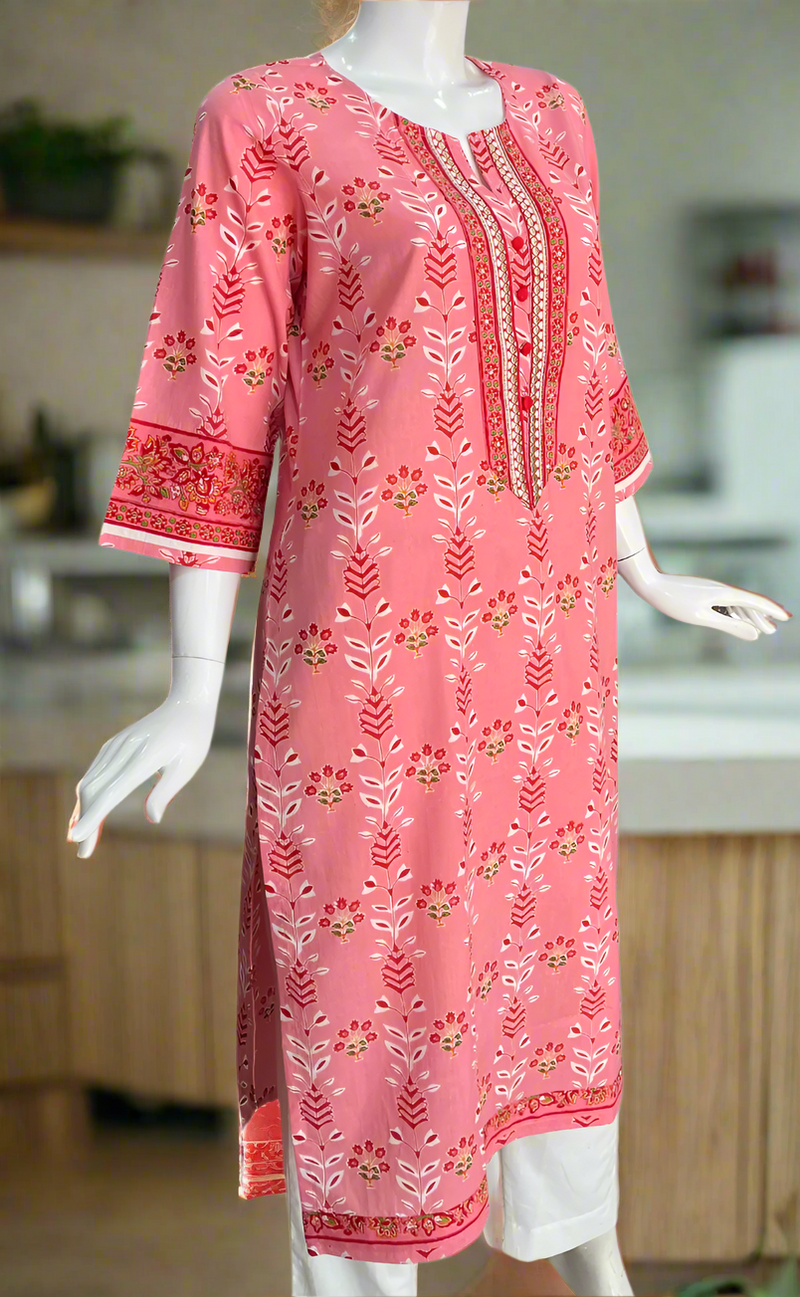 Pink Floral Jaipuri Cotton Kurti. Pure Versatile Cotton. | Laces and Frills