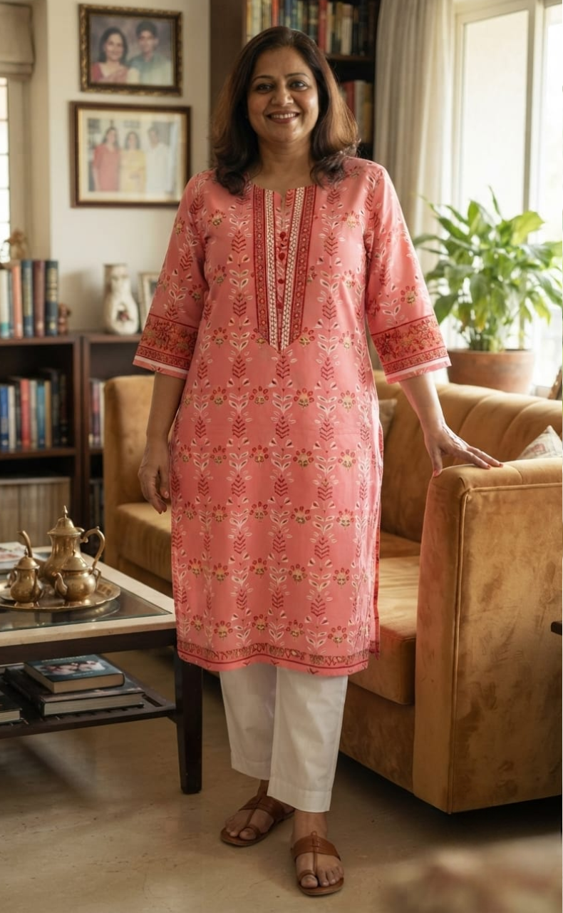 Pink Floral Jaipuri Cotton Kurti. Pure Versatile Cotton. | Laces and Frills
