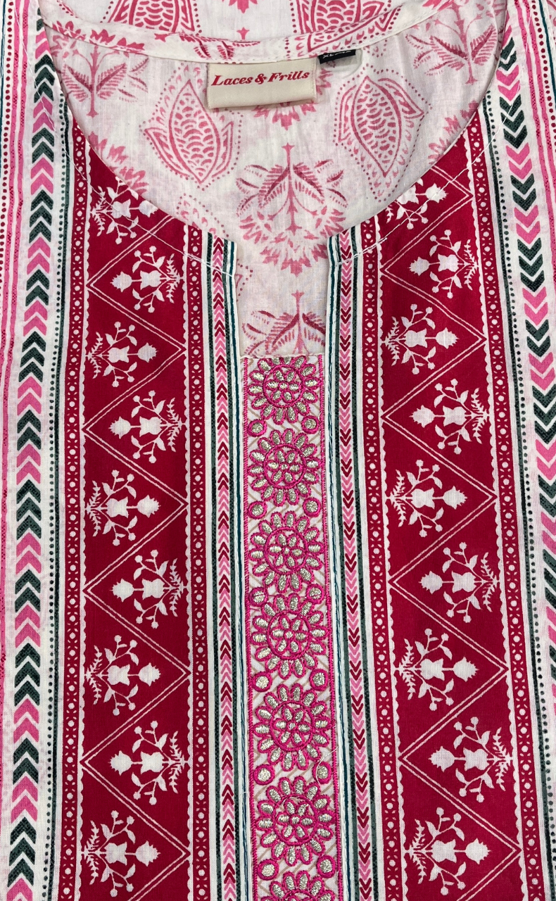 White/Pink Floral Jaipuri Cotton Kurti. Pure Versatile Cotton. | Laces and Frills