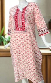 White/Pink Floral Jaipuri Cotton Kurti. Pure Versatile Cotton. | Laces and Frills