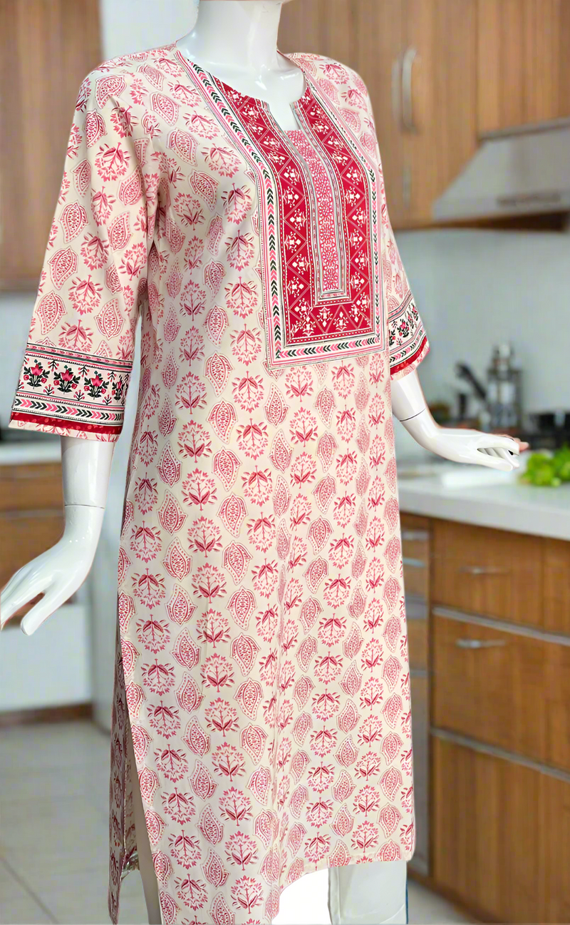 White/Pink Floral Jaipuri Cotton Kurti. Pure Versatile Cotton. | Laces and Frills