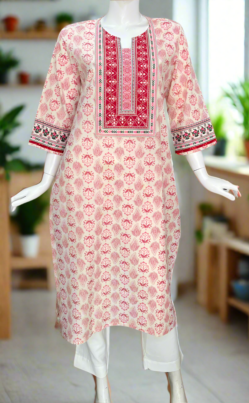 White/Pink Floral Jaipuri Cotton Kurti. Pure Versatile Cotton. | Laces and Frills
